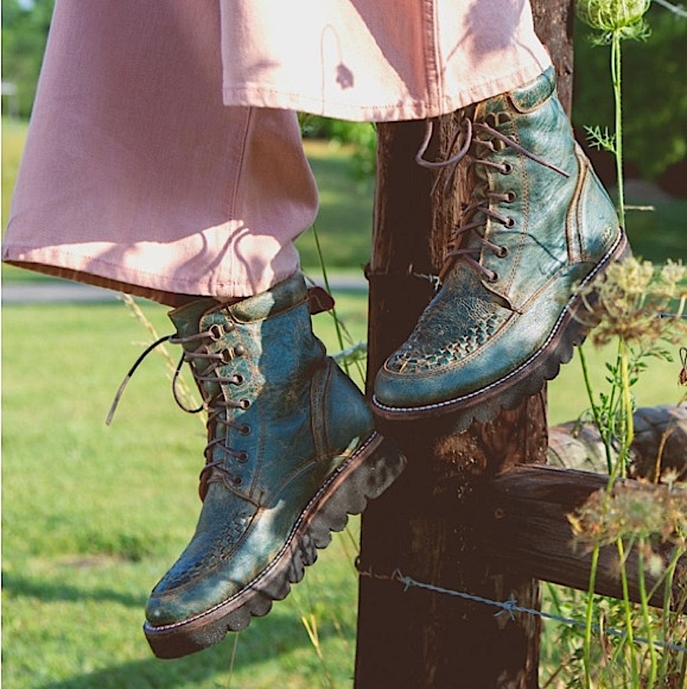 BED STU Boots ELISHA II Leather Combat Moto TEAL LUX Green Black Size 8 - Picture 4 of 12